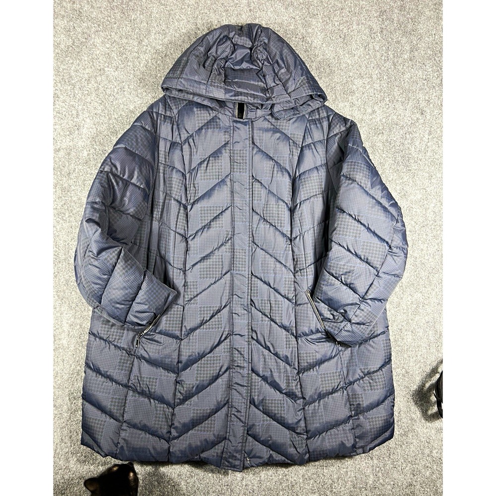 Selection by Ulla Popken Gray Houndstooth Long Hooded Quilted Puffer Coat 28/30